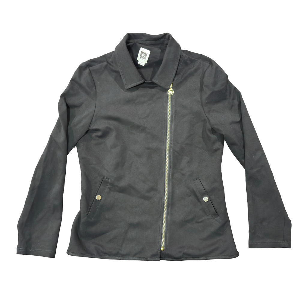 Anne Klein Black Moto Jacket Asymmetrical Zip Biker Style Lightweight Coat Med